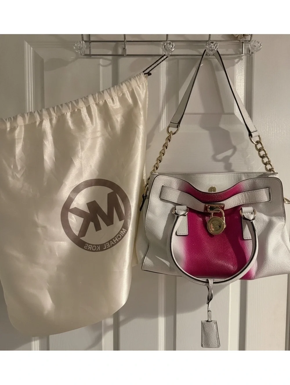 Michael Kors White and Pink Leather Satchel Handbag with Gold Hardware